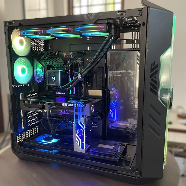 Custom-built PC with liquid cooling, RGB fans and an RTX graphics card