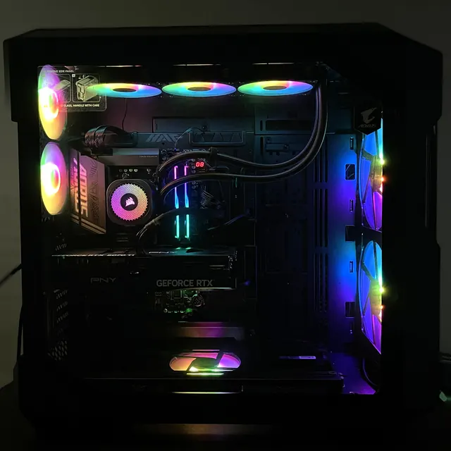 Custom PC build with RGB lighting, AIO liquid cooler and RTX graphics card